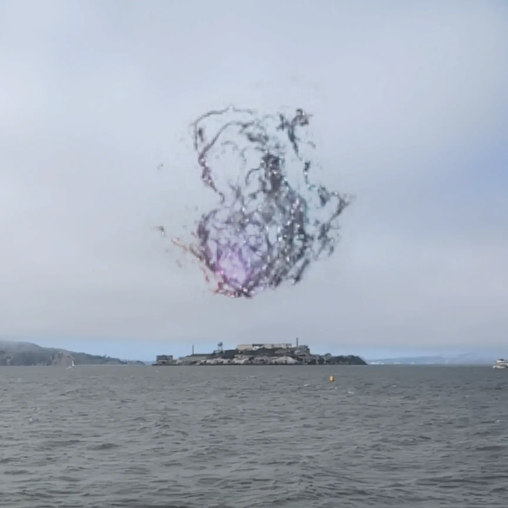 An augmented reality artwork floating above Alcatraz Island